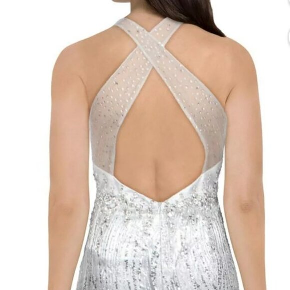 Mac Duggal Sequin Silver Illusion Back Crystal Crisscross Back Gown Plus Size 14 - Picture 3 of 10